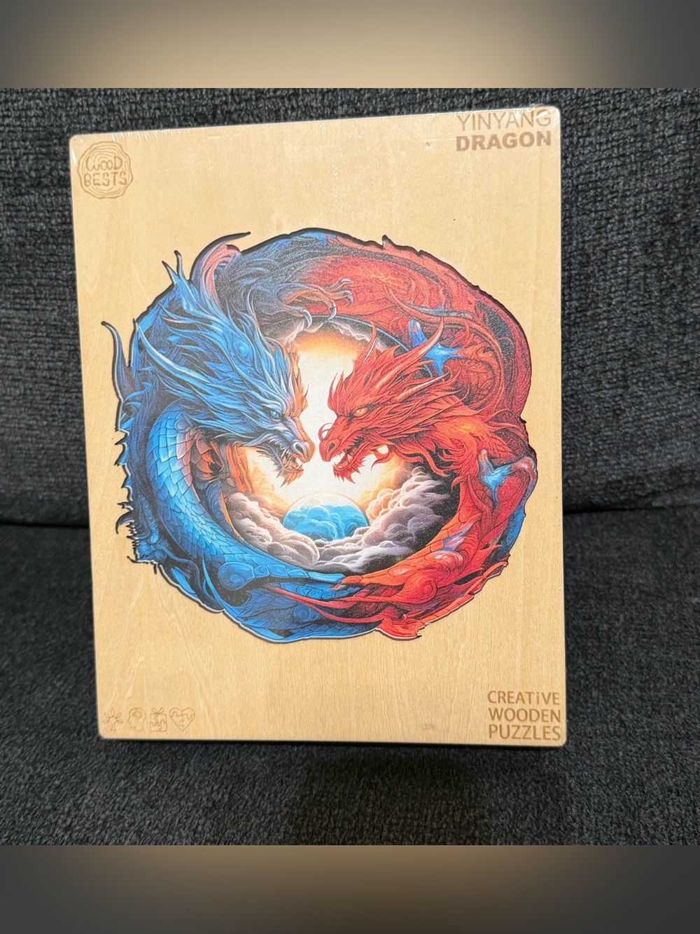 NWT Yinyang Dragon Wooden Puzzle - Red & Blue Dragons